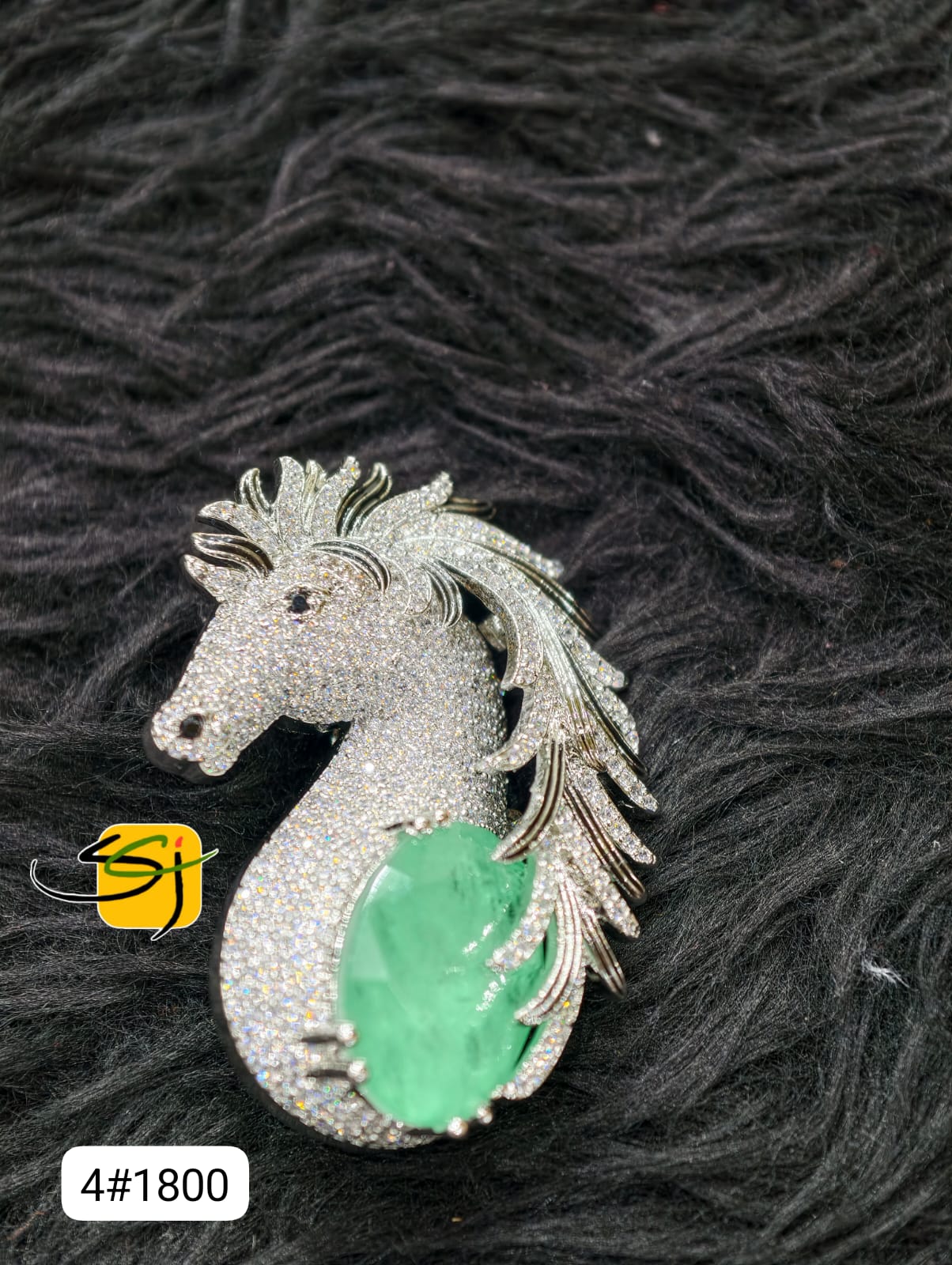 Crystal Horse Head Emerald Brooch - Fully Studded Statement Piece