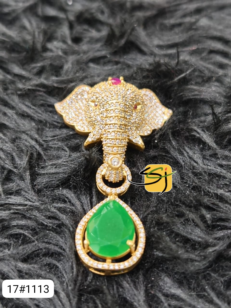 Crystal Elephant Head Emerald Pendant Brooch - Fully Studded with Drop