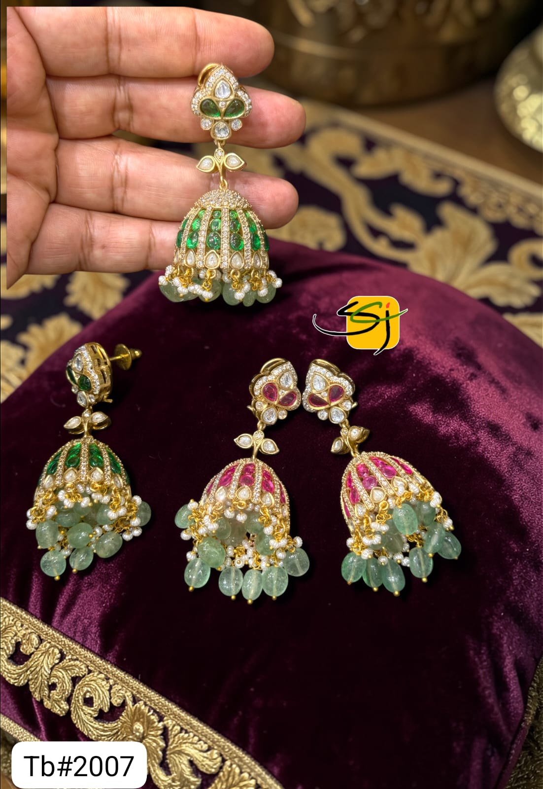 Polki Emerald Ruby Jhumka Earrings with Pearl Drops