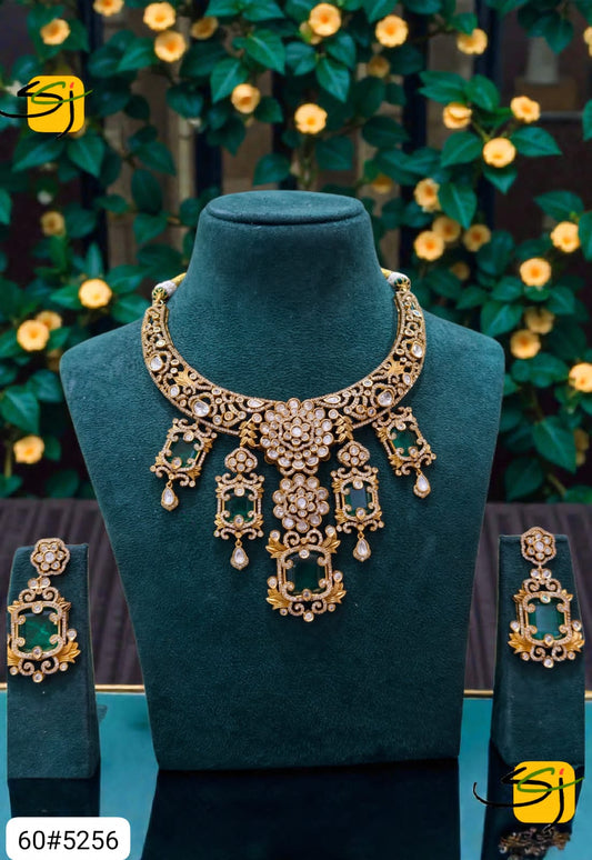 Antique Gold Emerald Statement Necklace Set with Earrings