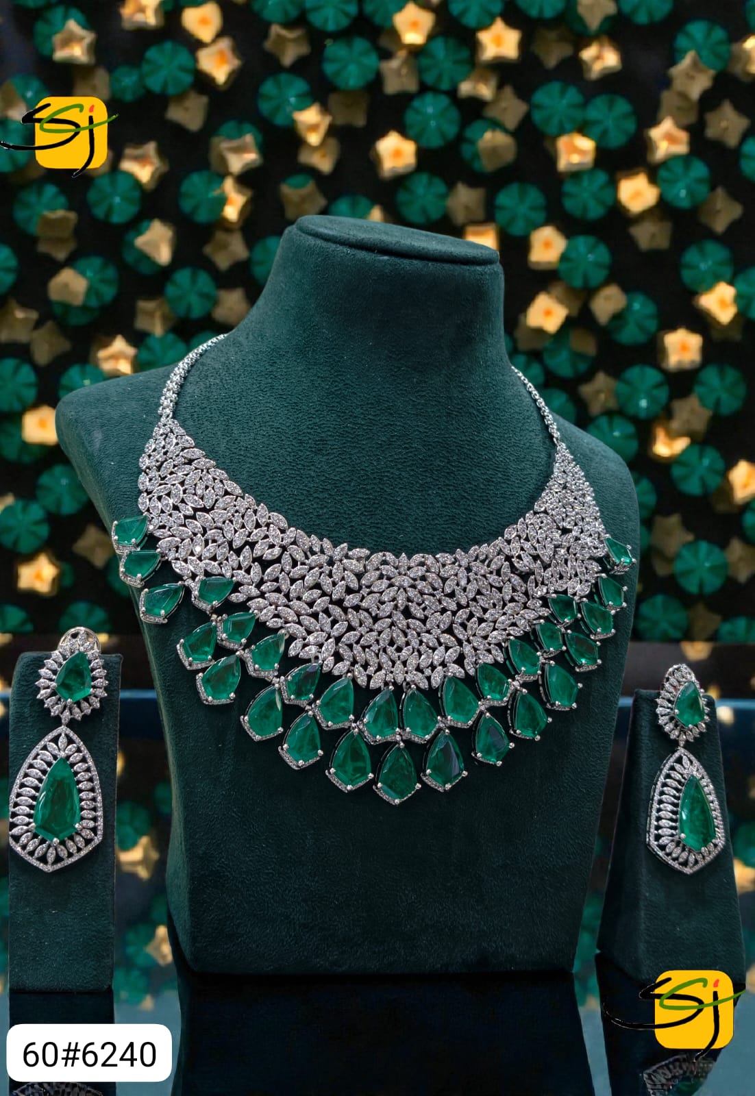 Silver Emerald Crystal Bib Necklace Set with Earrings