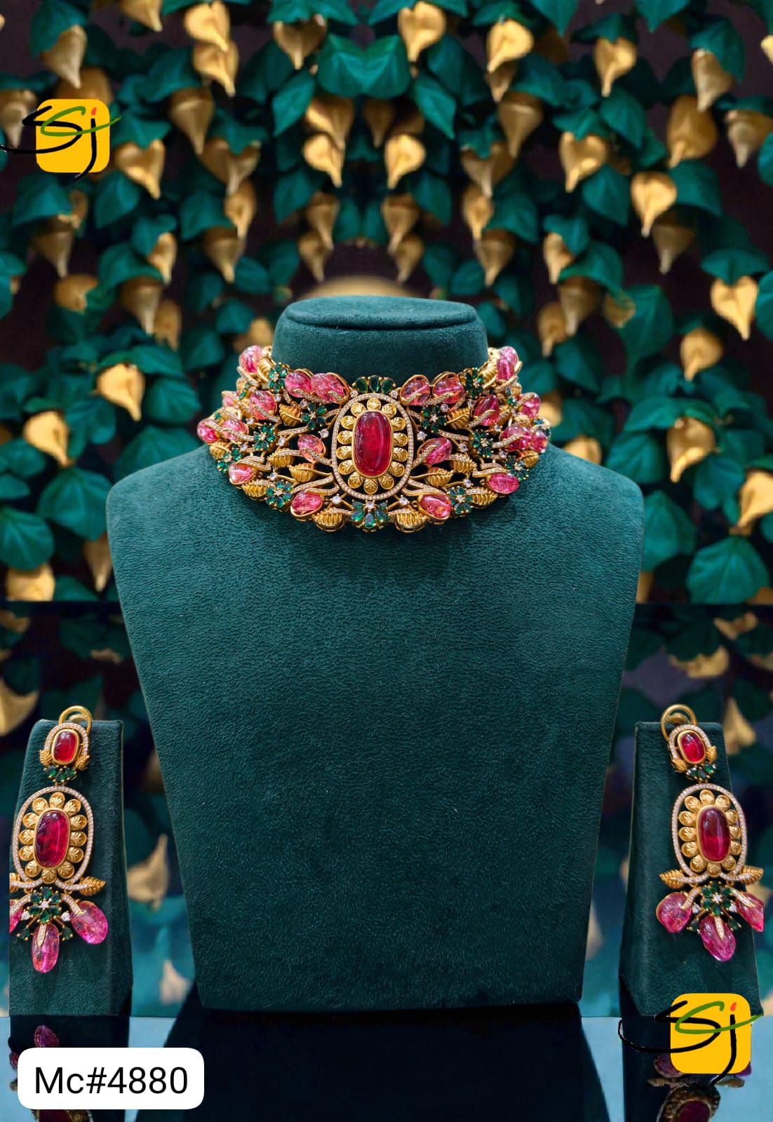 Multicolor Ruby Emerald Choker Set with Earrings
