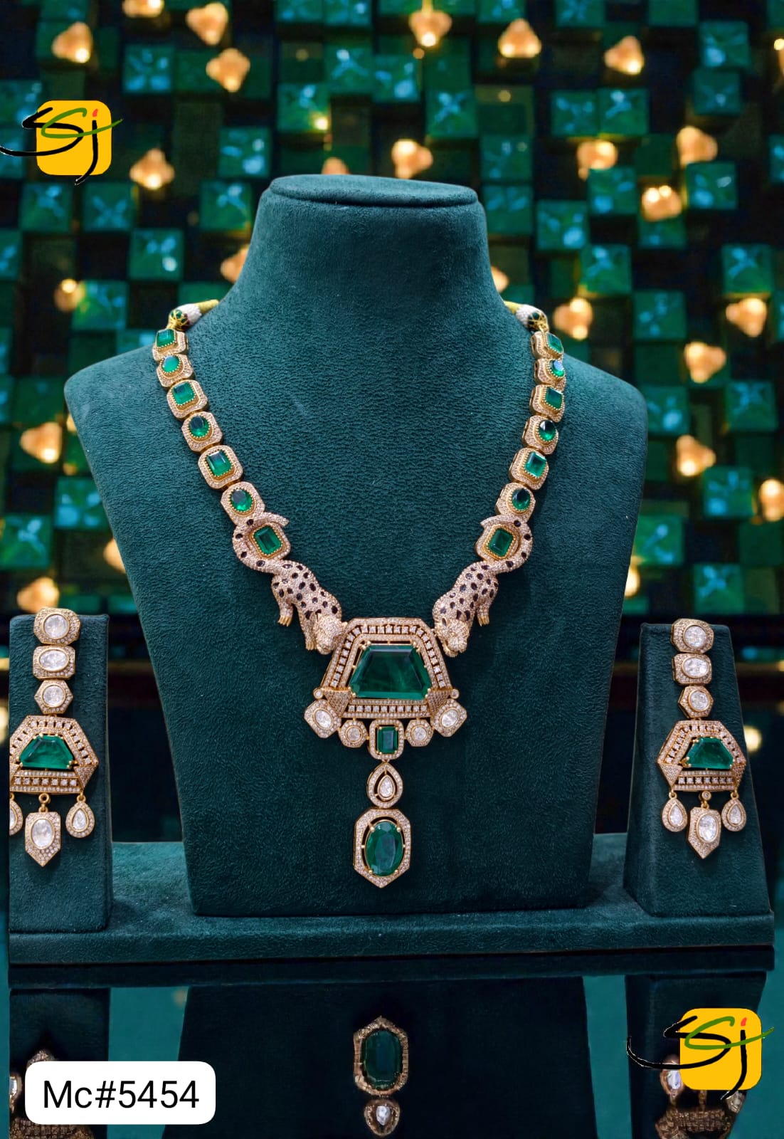Emerald Crystal Geometric Necklace Set with Earrings