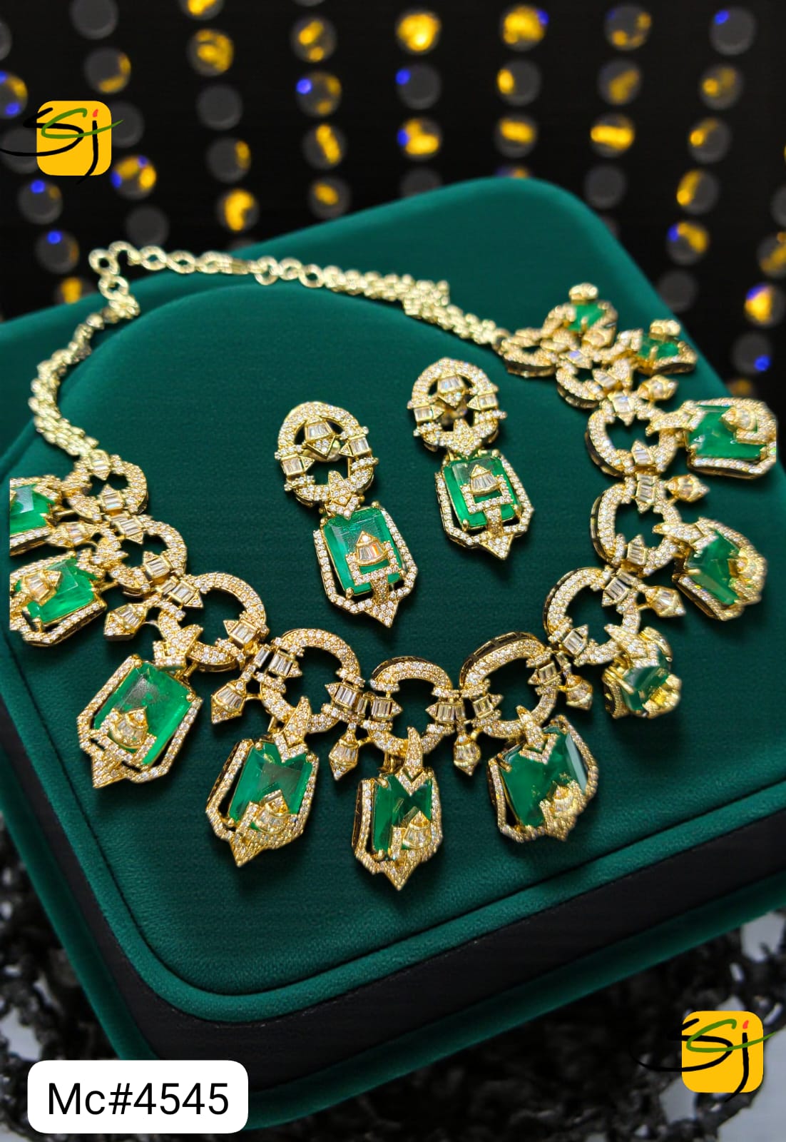 Gold-Plated Emerald Crystal Statement Necklace Set with Earrings
