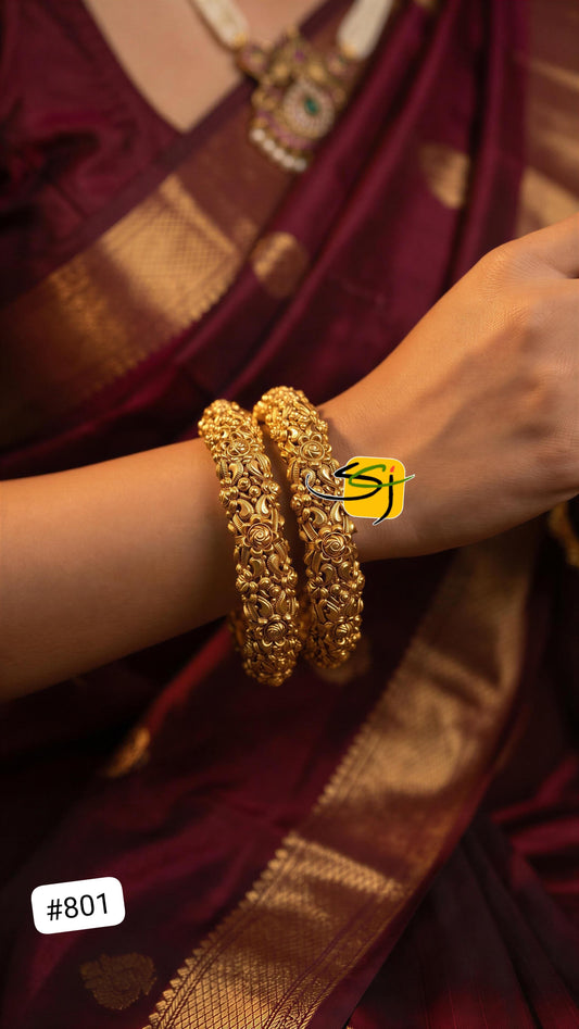 Antique Gold Nakshi Bangle – Floral & Peacock Carved
