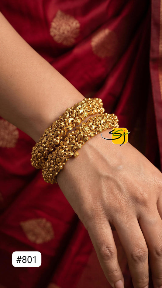 Antique Gold Nakshi Bangle – Floral & Peacock Carved