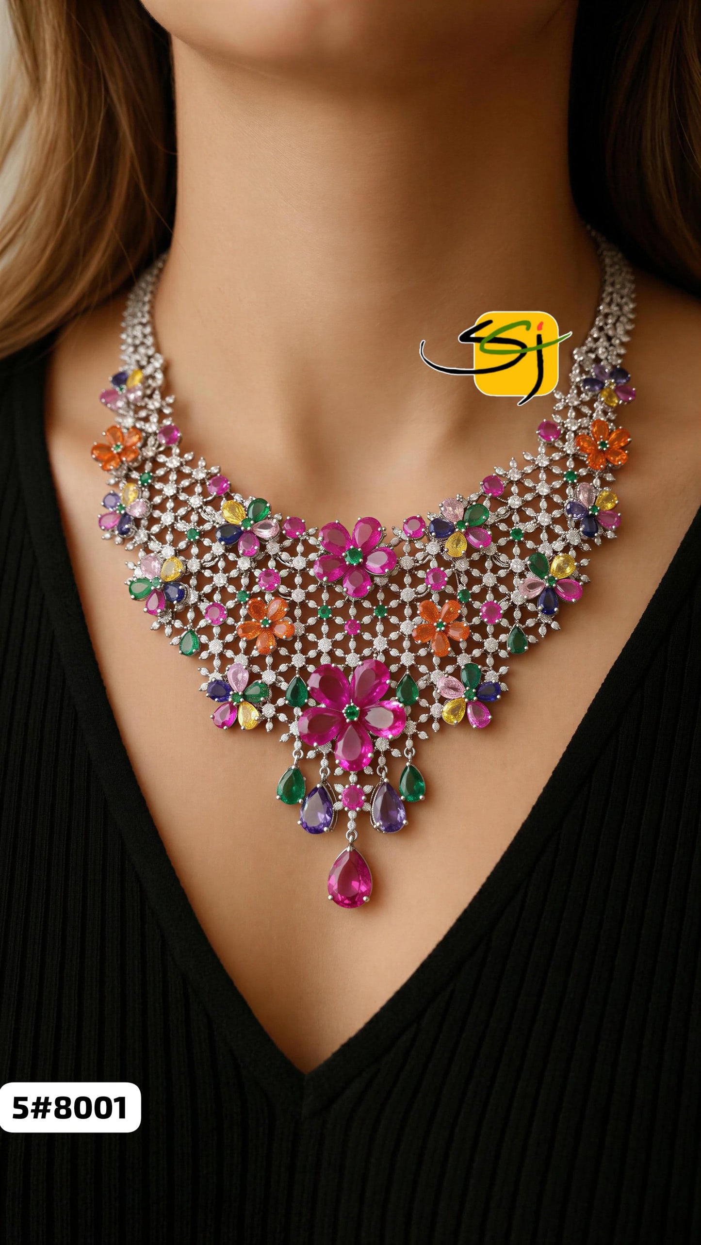 CZ Multicolour Floral Necklace Set – Bridal Statement Jewellery