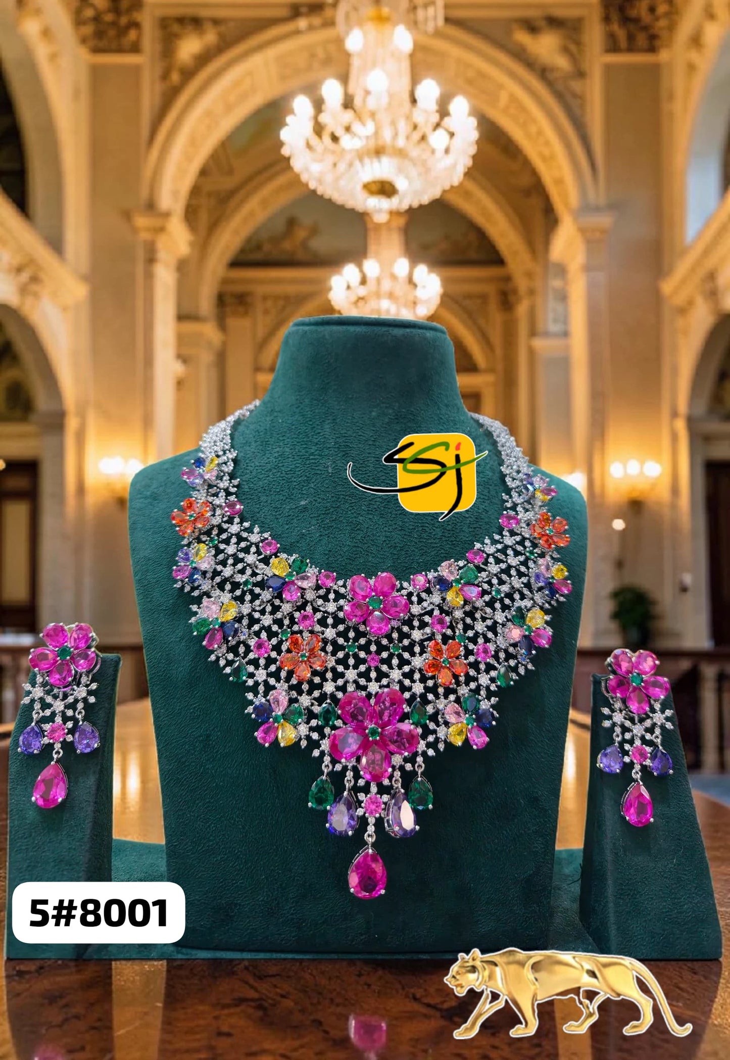 CZ Multicolour Floral Necklace Set – Bridal Statement Jewellery