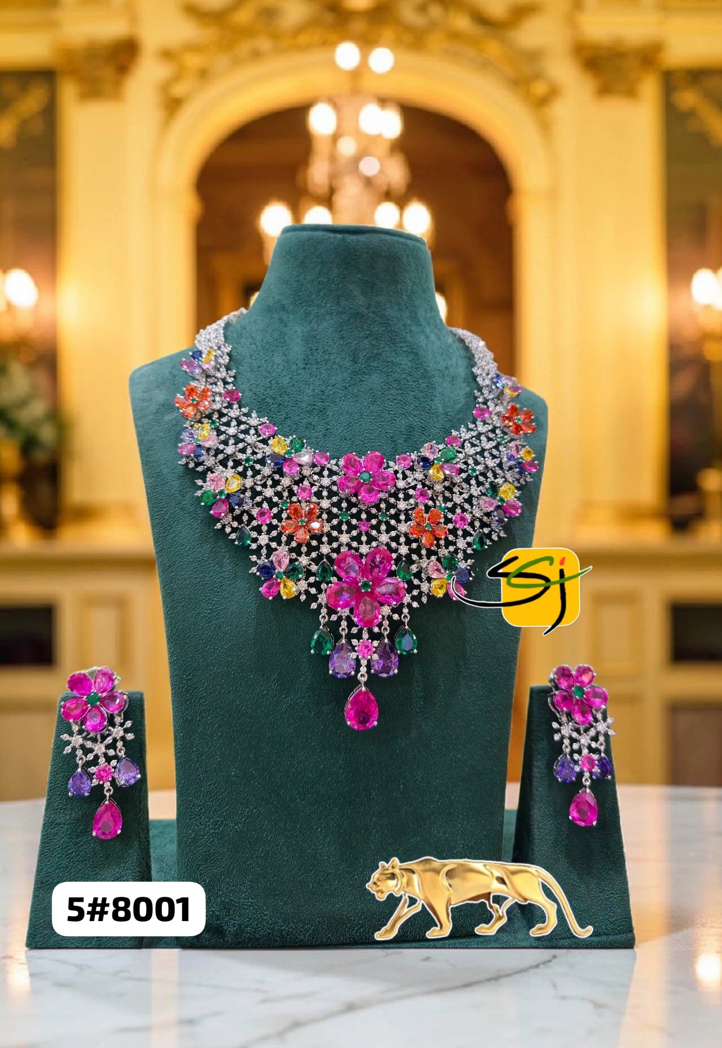 CZ Multicolour Floral Necklace Set – Bridal Statement Jewellery