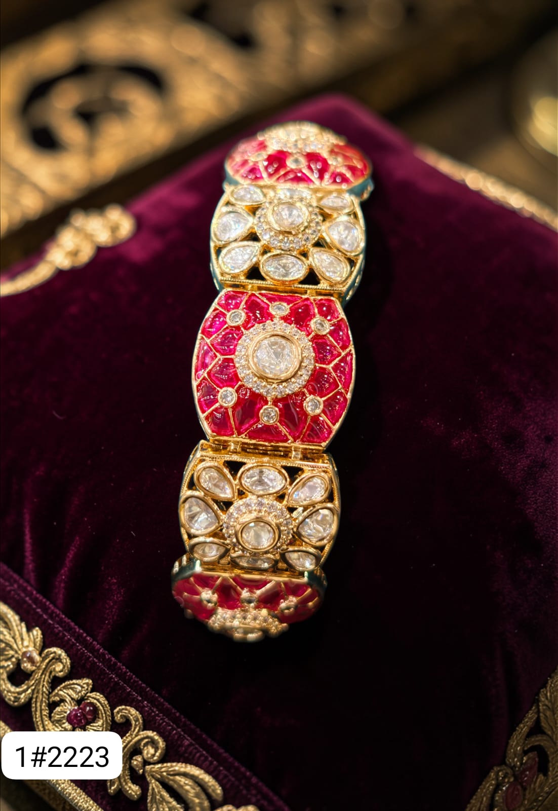 Polki Ruby Enamel Bracelet with Crystal Detailing