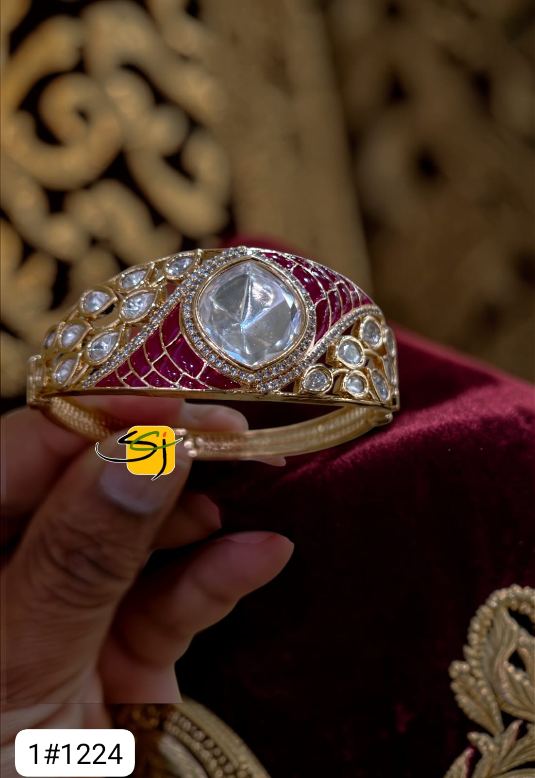 Polki Ruby Enamel Statement Bangle with Crystal Centerpiece