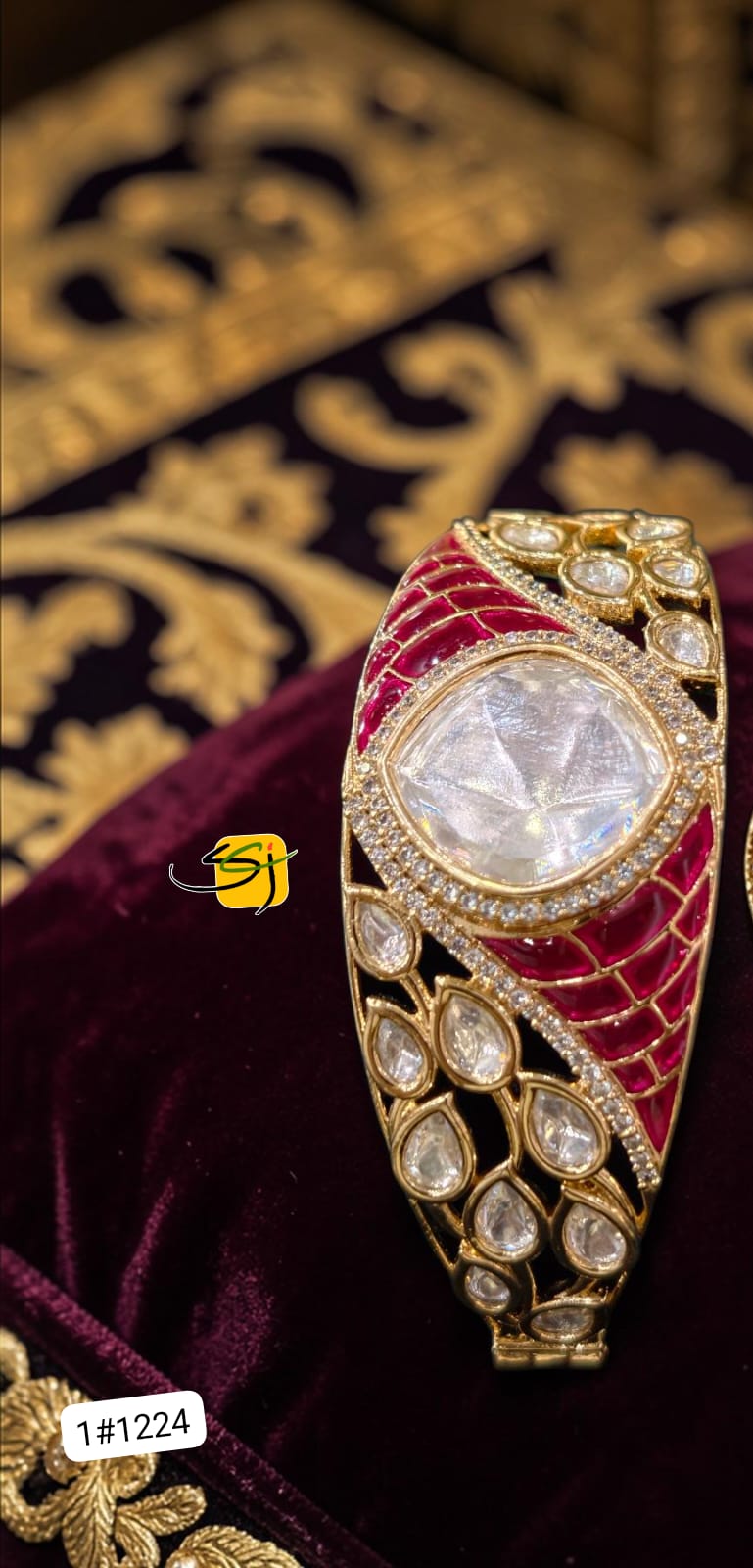 Polki Ruby Enamel Statement Bangle with Crystal Centerpiece