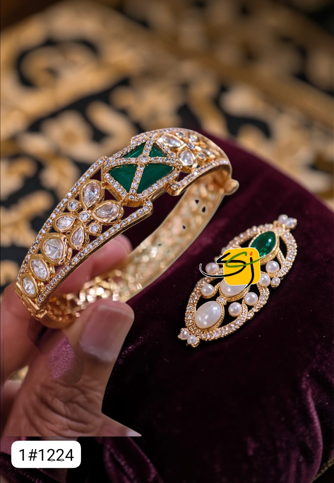 Polki Emerald Enamel Bangle with Matching Ring Set