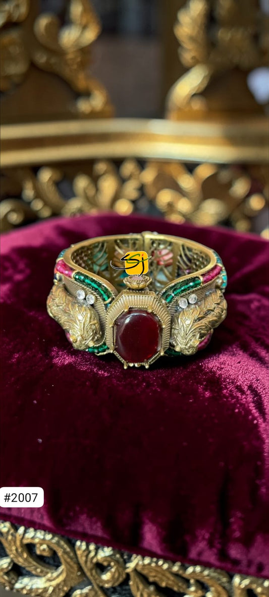 Antique Gold Peacock Ruby Enamel Bangle with Emerald Accents