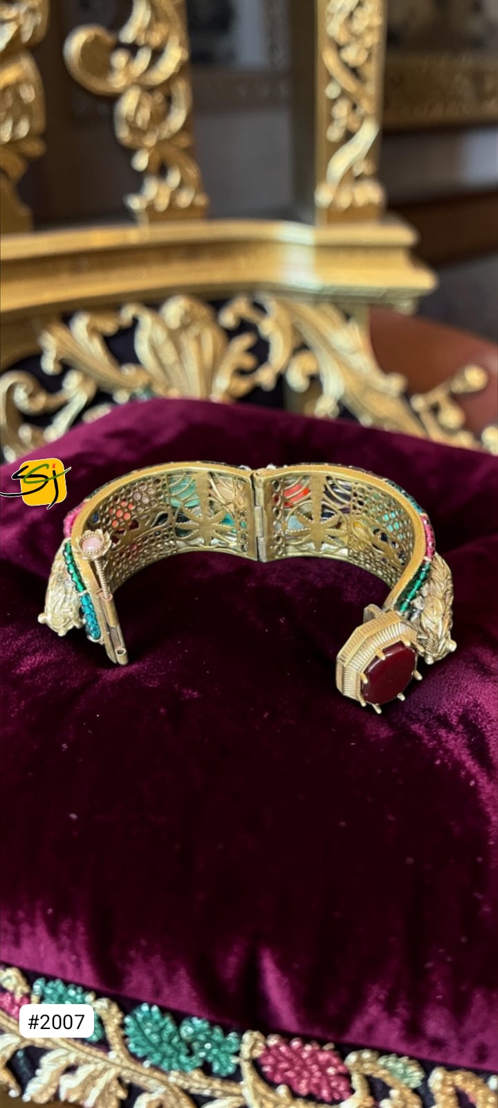 Antique Gold Peacock Ruby Enamel Bangle with Emerald Accents