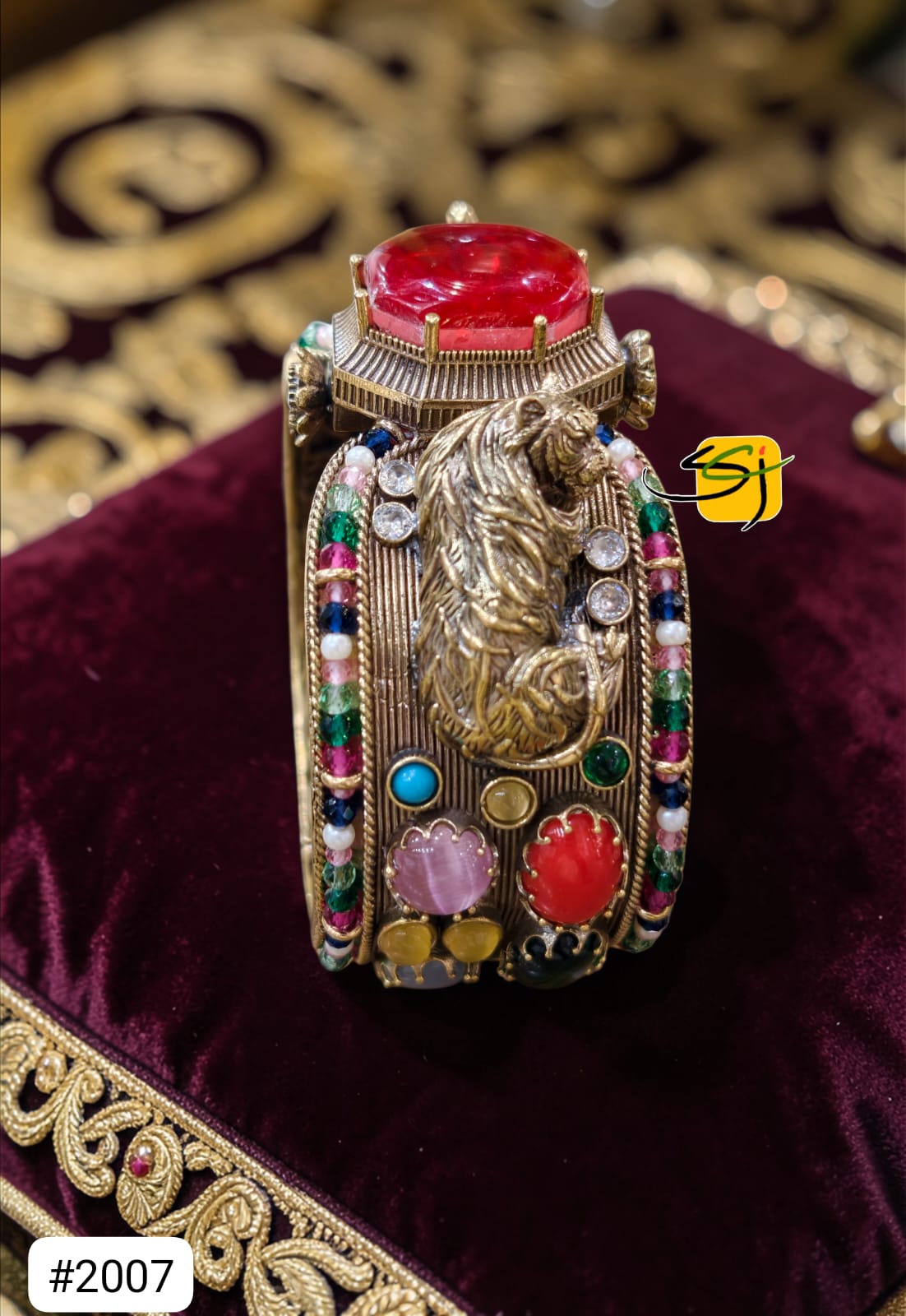 Dual-Tone Peacock Multicolor Gemstone Bangle with Ruby Centerpiece