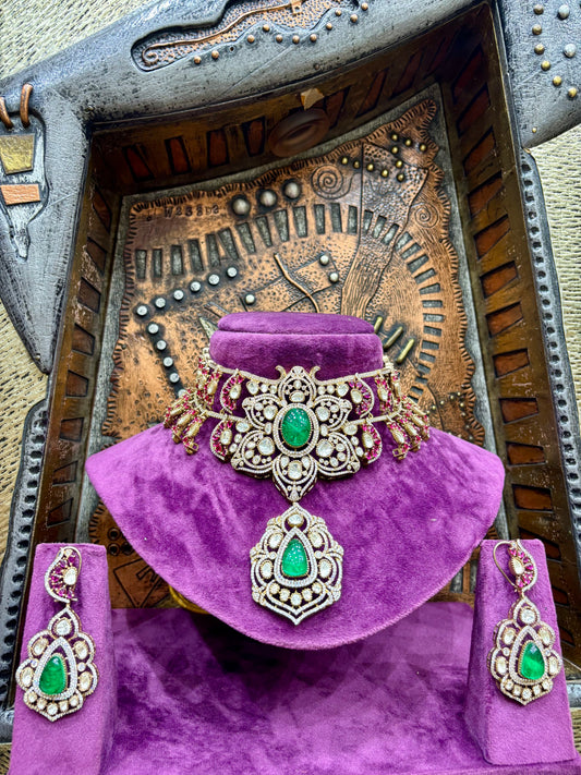 Emerald & Polki Floral Pendant Bridal Choker Set