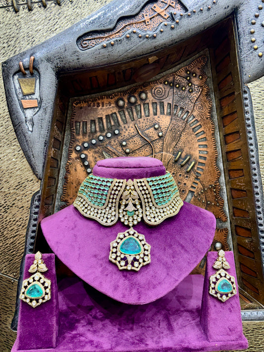 Turquoise & Diamond-Cut Polki Pendant Choker Set