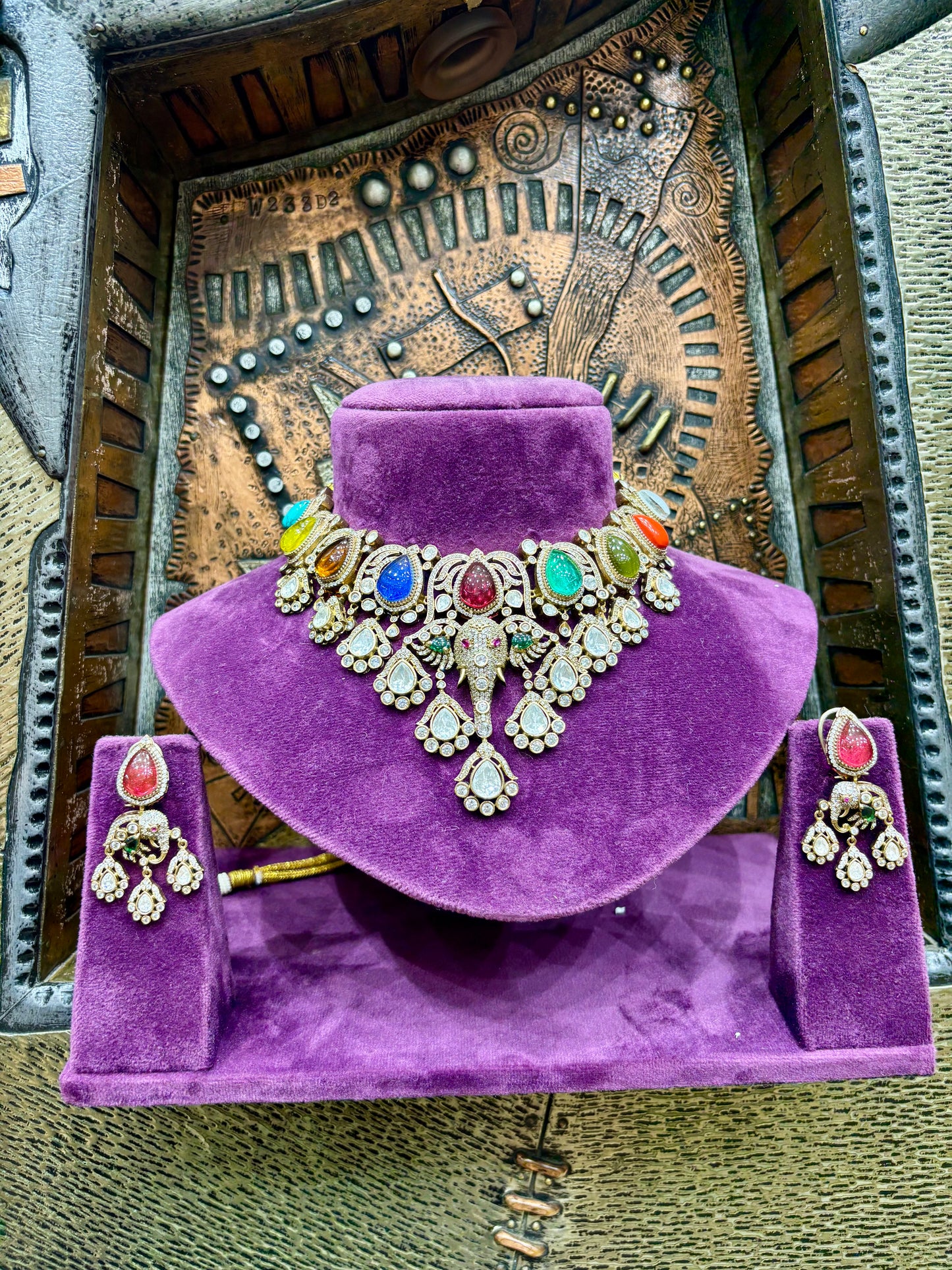 Navratna & Polki Elephant Motif Bridal Necklace Set