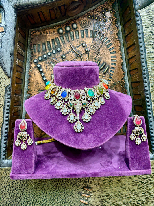 Navratna & Polki Elephant Motif Bridal Necklace Set