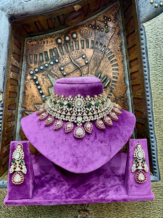 Ruby & Emerald Polki Fan Drop Bridal Choker Set
