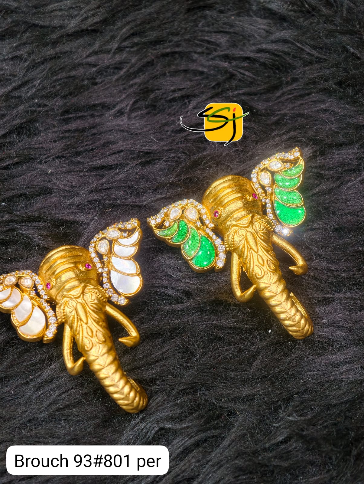 Polki Elephant Enamel Brooch Set - Emerald and Pearl Variations