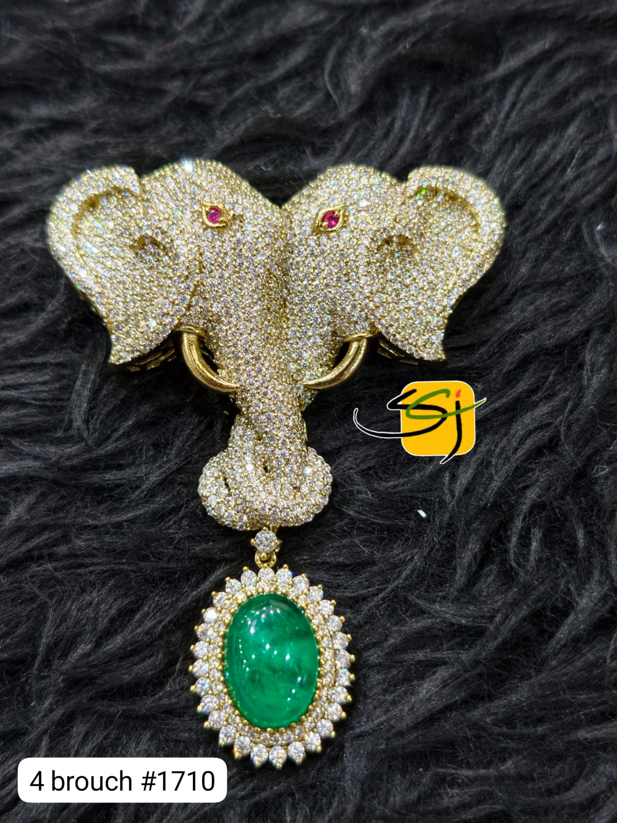 Crystal Elephant Emerald Pendant Brooch - Fully Studded with Drop