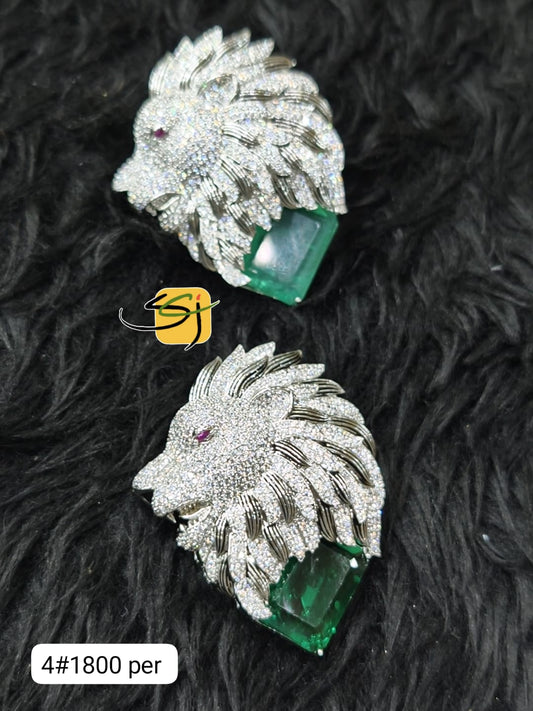 Crystal Lion Head Emerald Brooch Set - Fully Studded Statement Piece