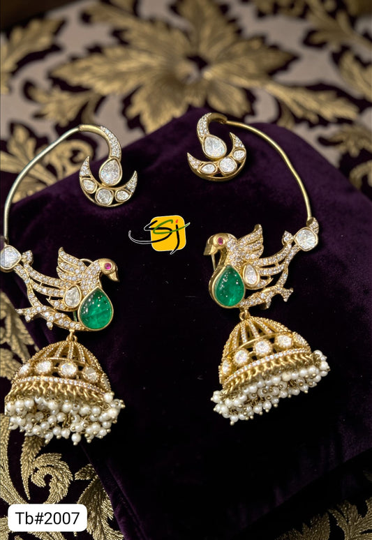 Gold-Plated Peacock Emerald Jhumka Earrings with Chand Bali