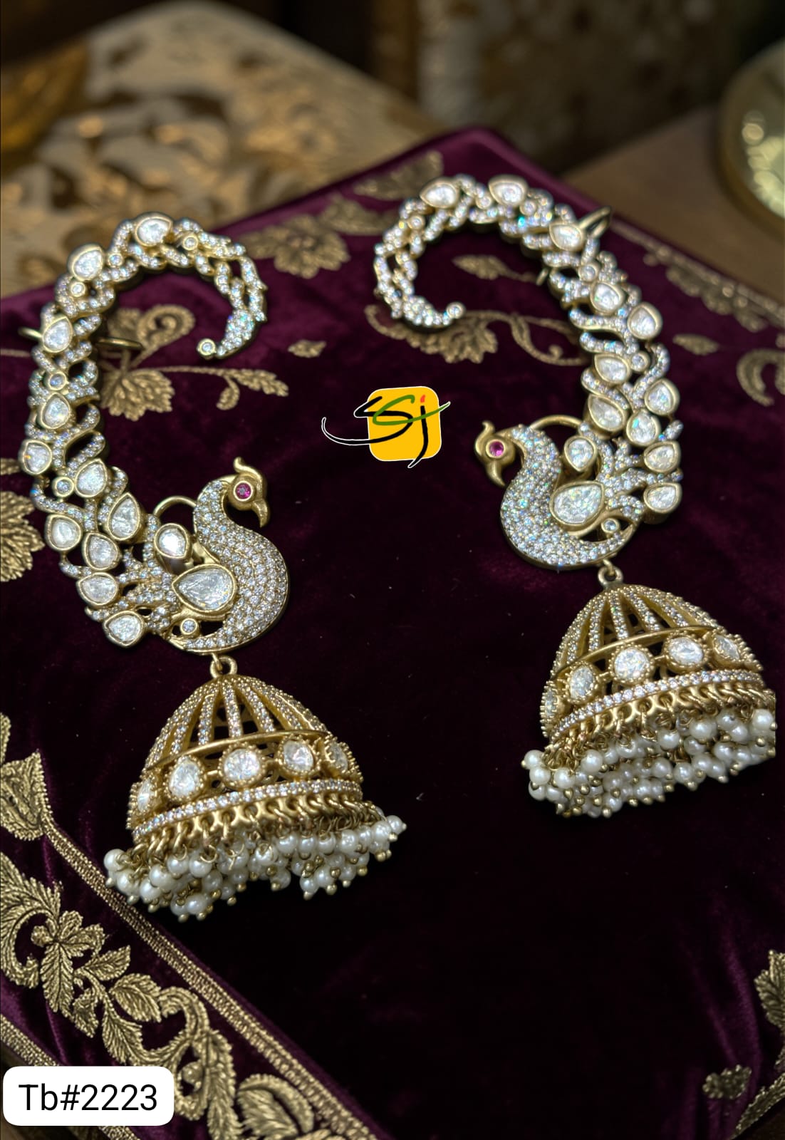 Polki Peacock Jhumka Earrings with Pearl Clusters