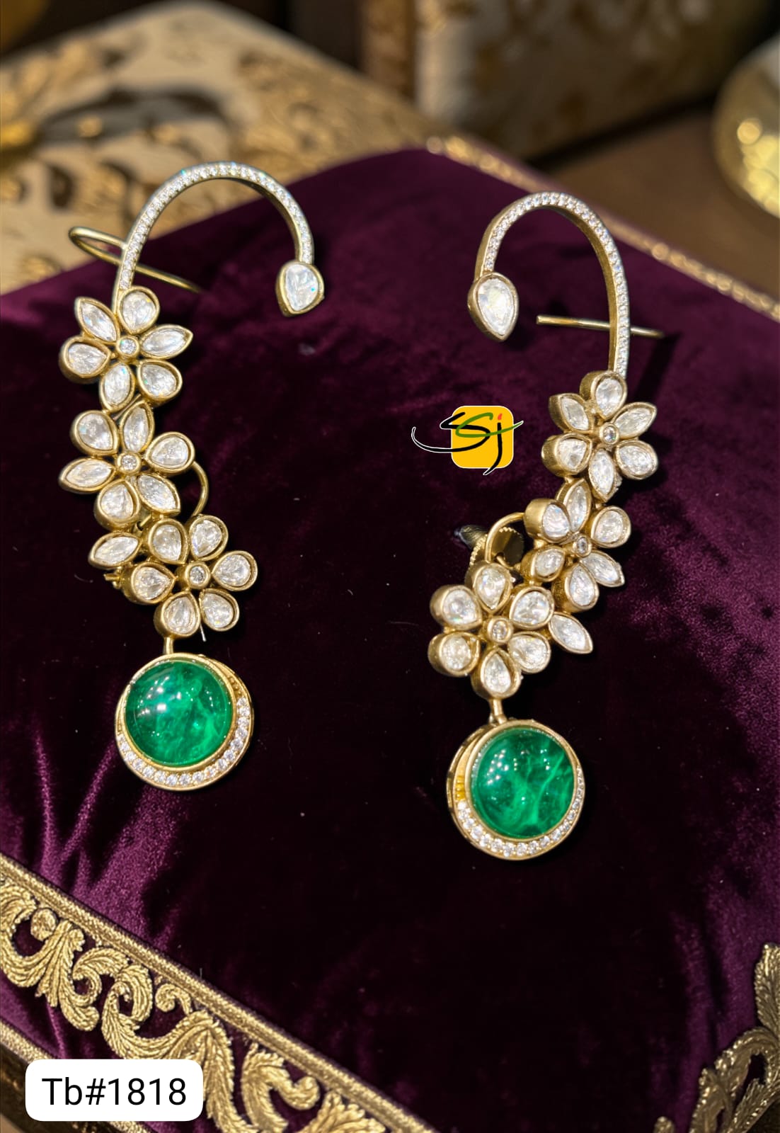 Polki Floral Emerald Ear Cuffs with Crystal Detailing