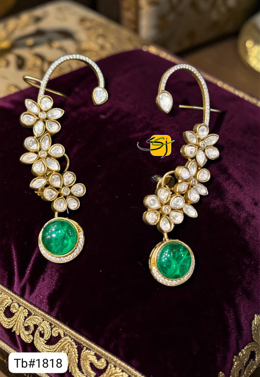 Polki Floral Emerald Ear Cuffs with Crystal Detailing