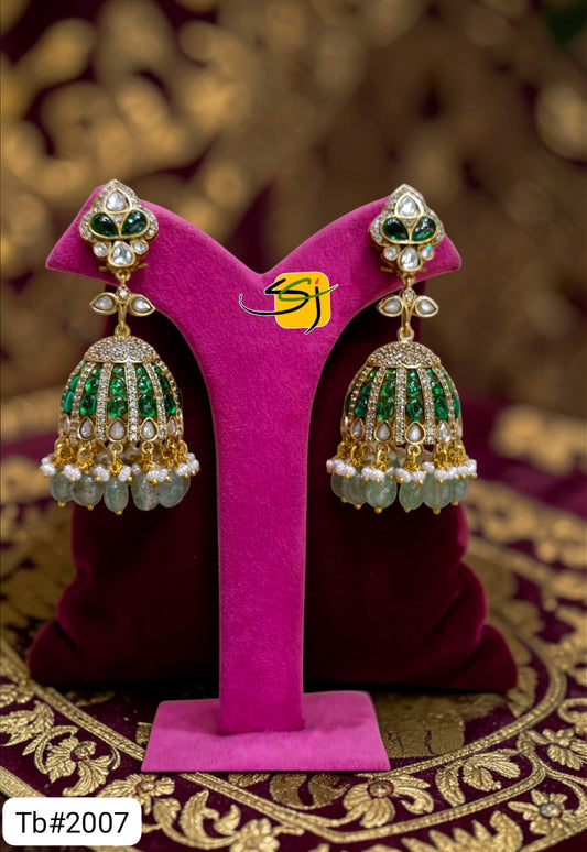 Polki Emerald Ruby Jhumka Earrings with Pearl Drops
