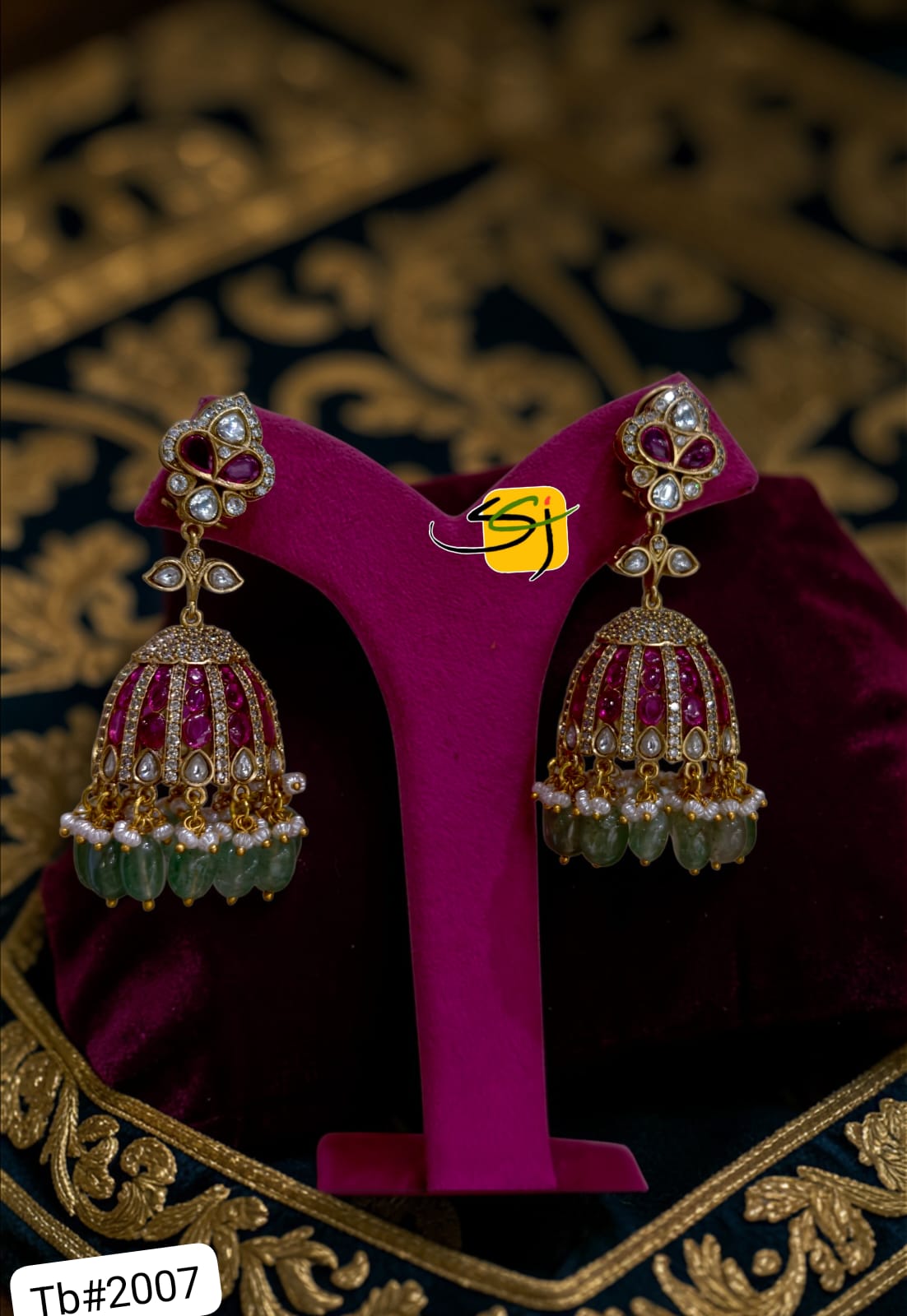 Polki Emerald Ruby Jhumka Earrings with Pearl Drops