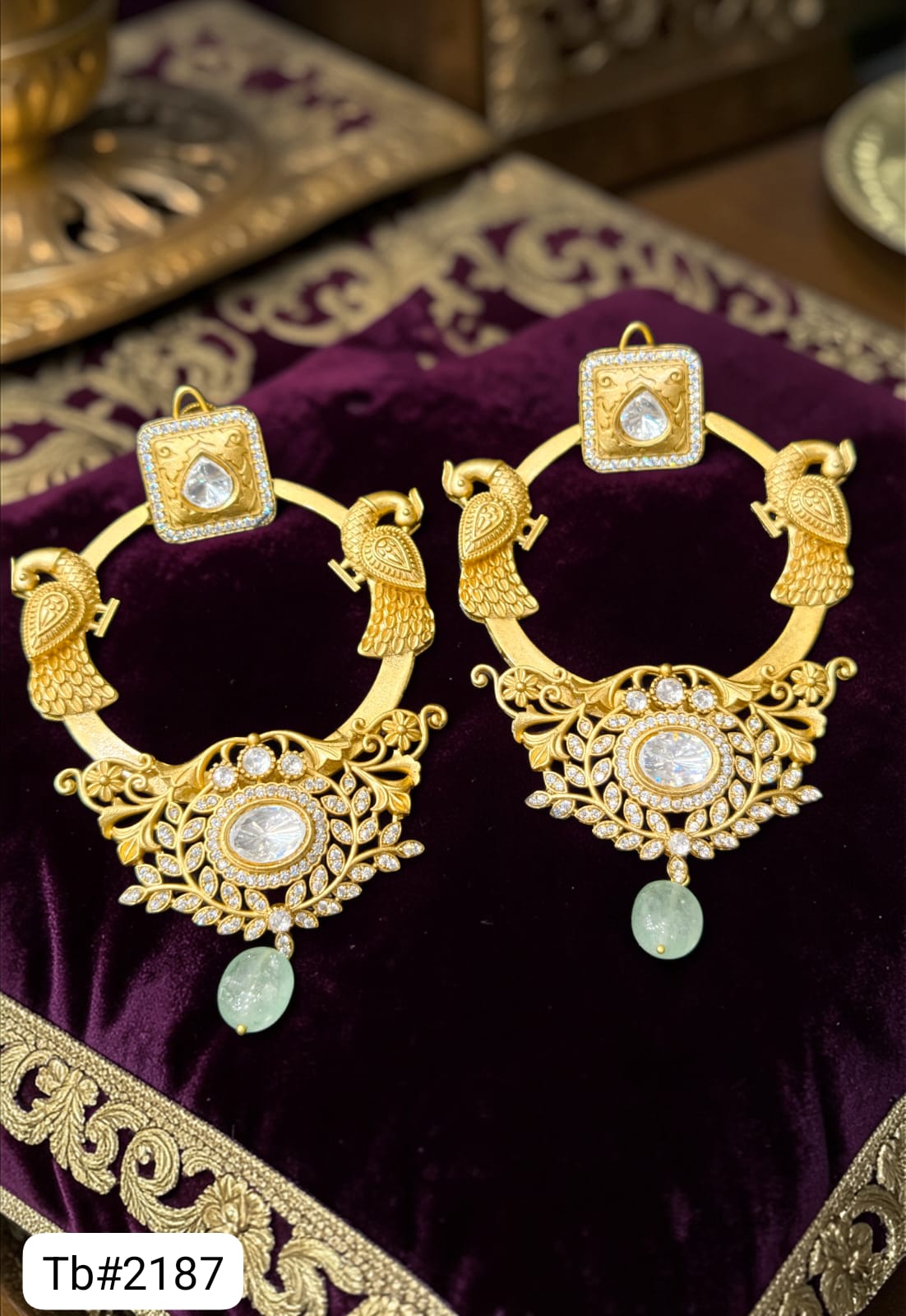 Gold-Plated Peacock Chandbali Earrings with Polki and Emerald Drop