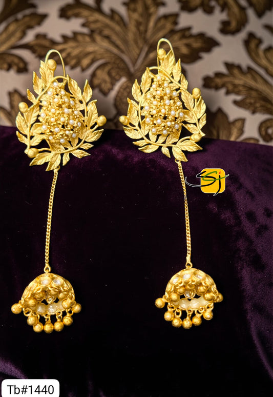 Gold-Plated Leaf Jhumka Earrings with Chain and Pearl Drops