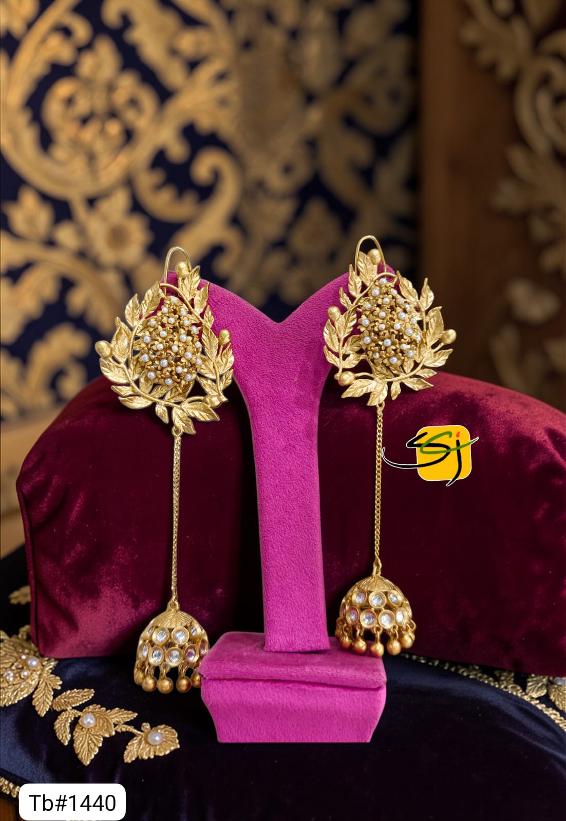 Gold-Plated Leaf Jhumka Earrings with Chain and Pearl Drops