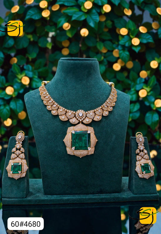 Rose Gold Crystal Emerald Necklace Set with Earrings