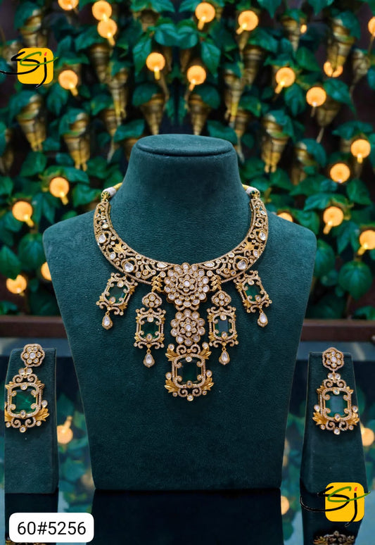 Antique Gold Emerald Statement Necklace Set with Earrings