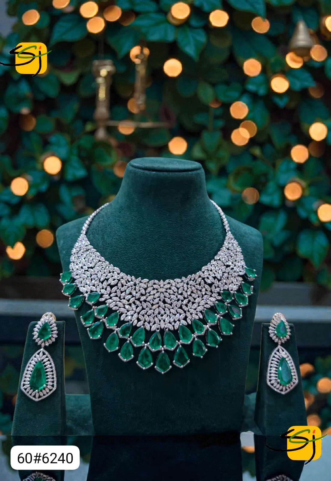 Silver Emerald Crystal Bib Necklace Set with Earrings