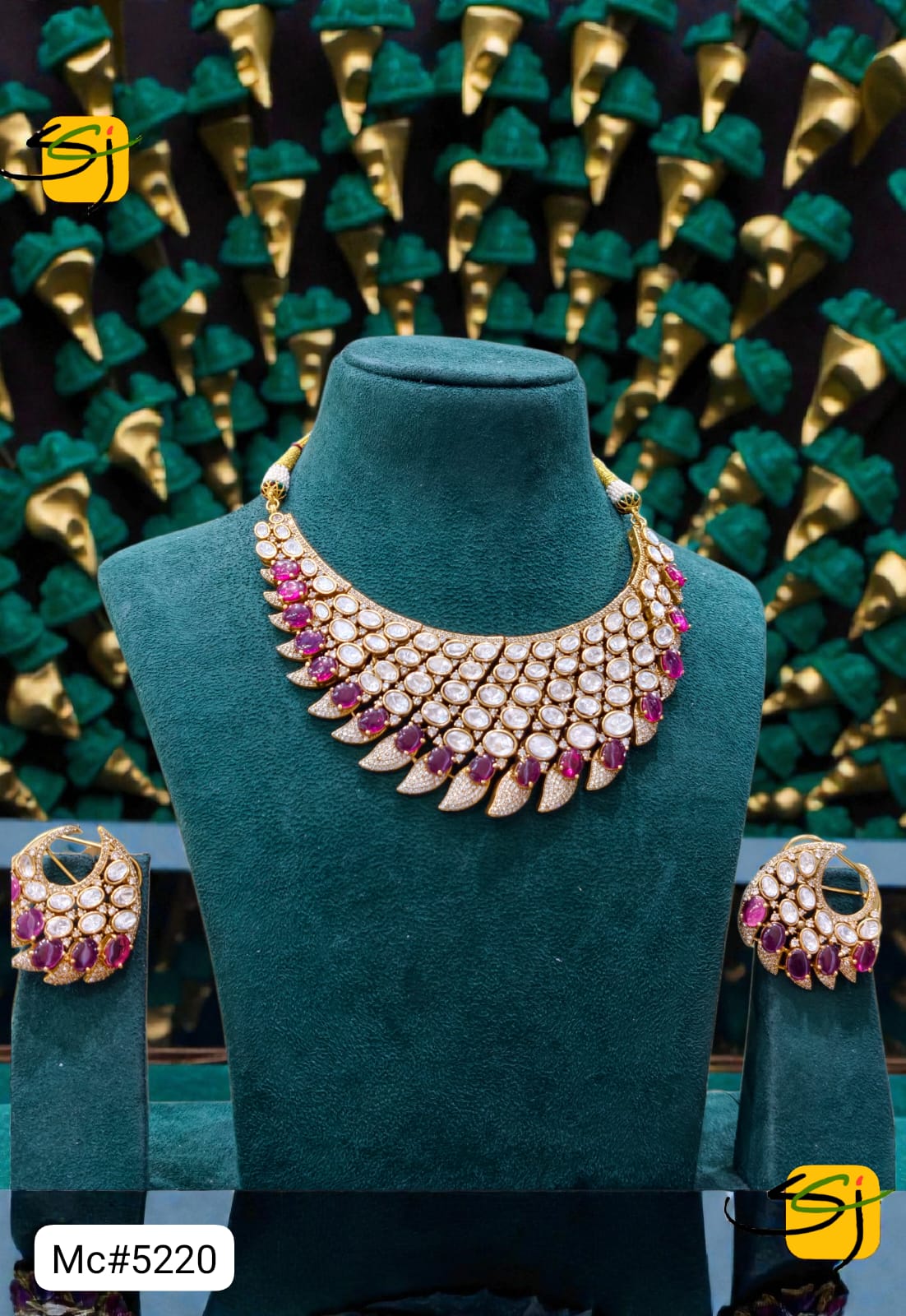 Pink Purple Crystal Bib Necklace Set with Earrings