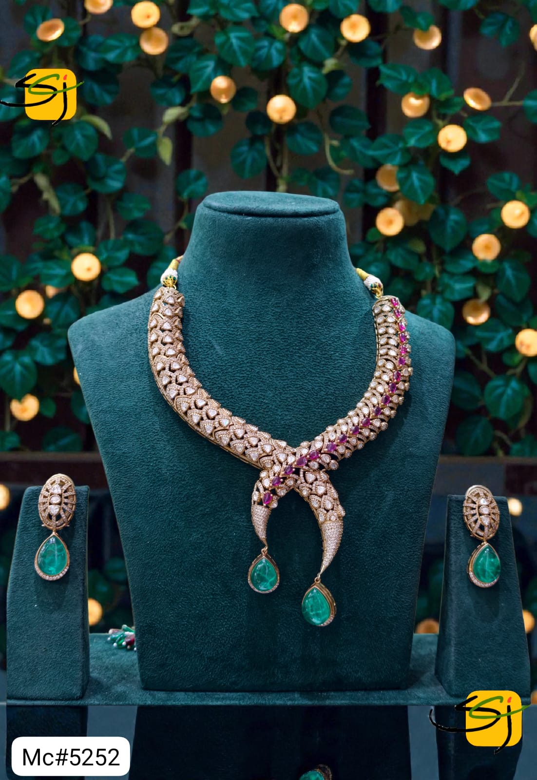 Crystal Ruby Emerald Crossover Necklace Set with Earrings