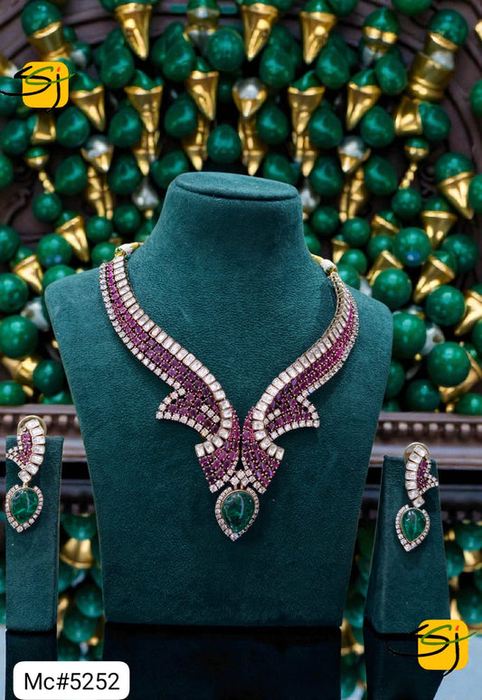 Ruby Crystal Emerald Crossover Statement Necklace Set with Earrings