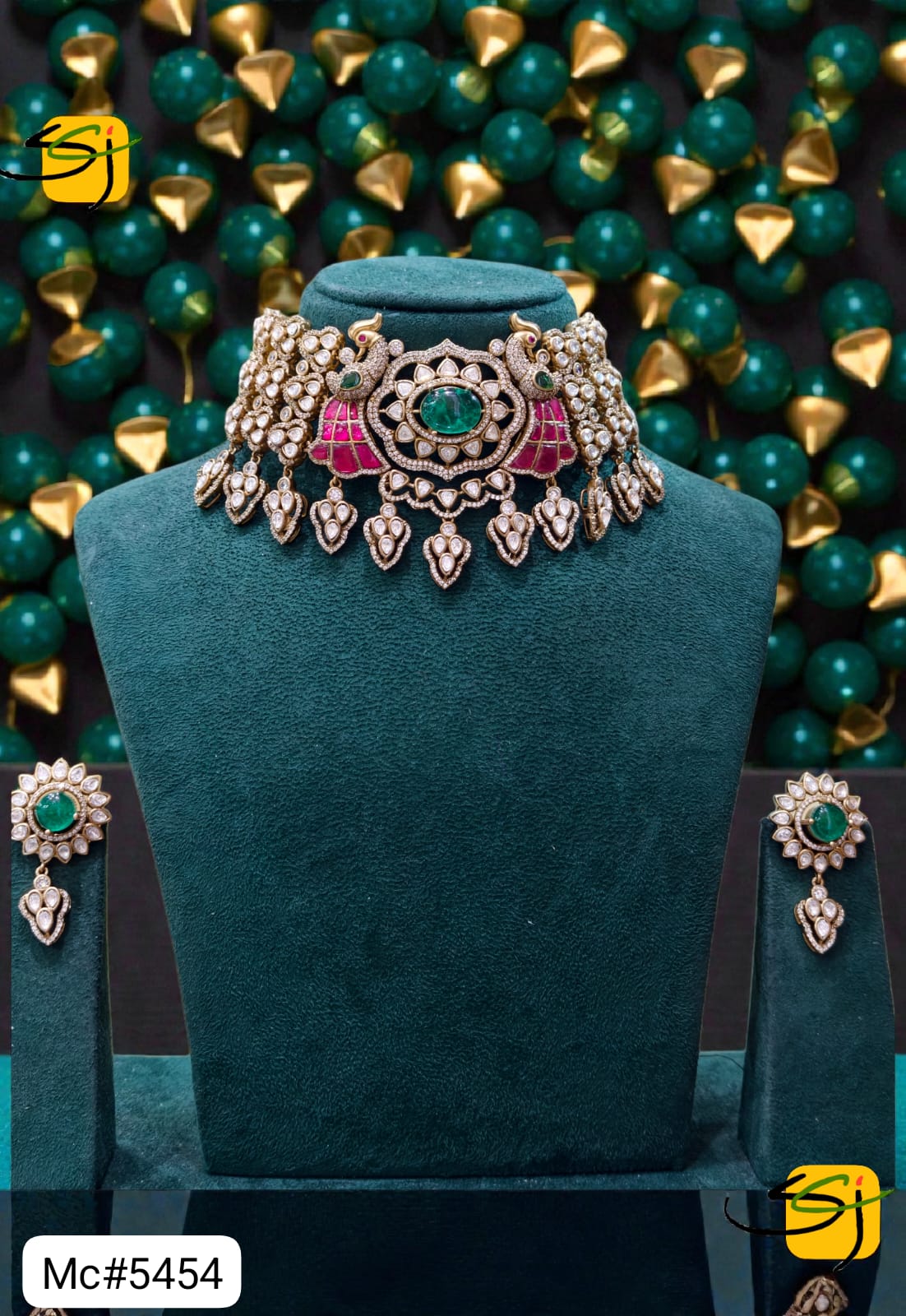 Emerald Ruby Crystal Royal Choker Set with Earrings