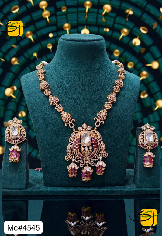 Ruby Crystal Temple Necklace Set with Jhumka Earrings