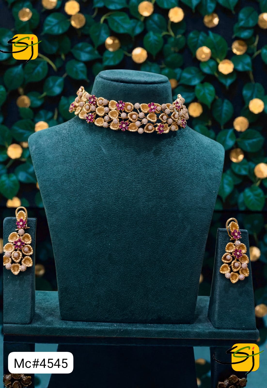 Multicolor Ruby Crystal Floral Choker Set with Earrings