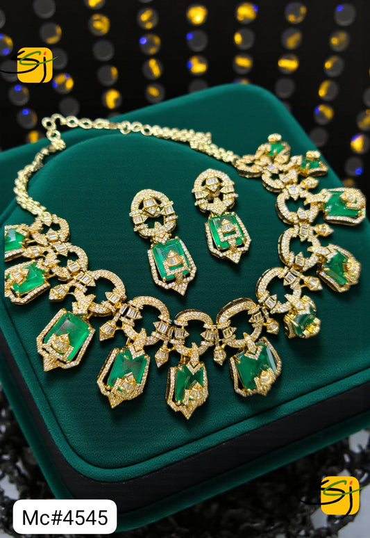Gold-Plated Emerald Crystal Statement Necklace Set with Earrings