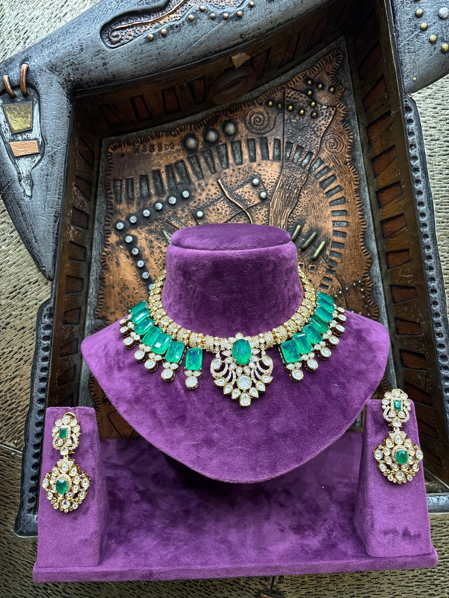 Ruby & Emerald Polki Grand Pendant Bridal Necklace Set